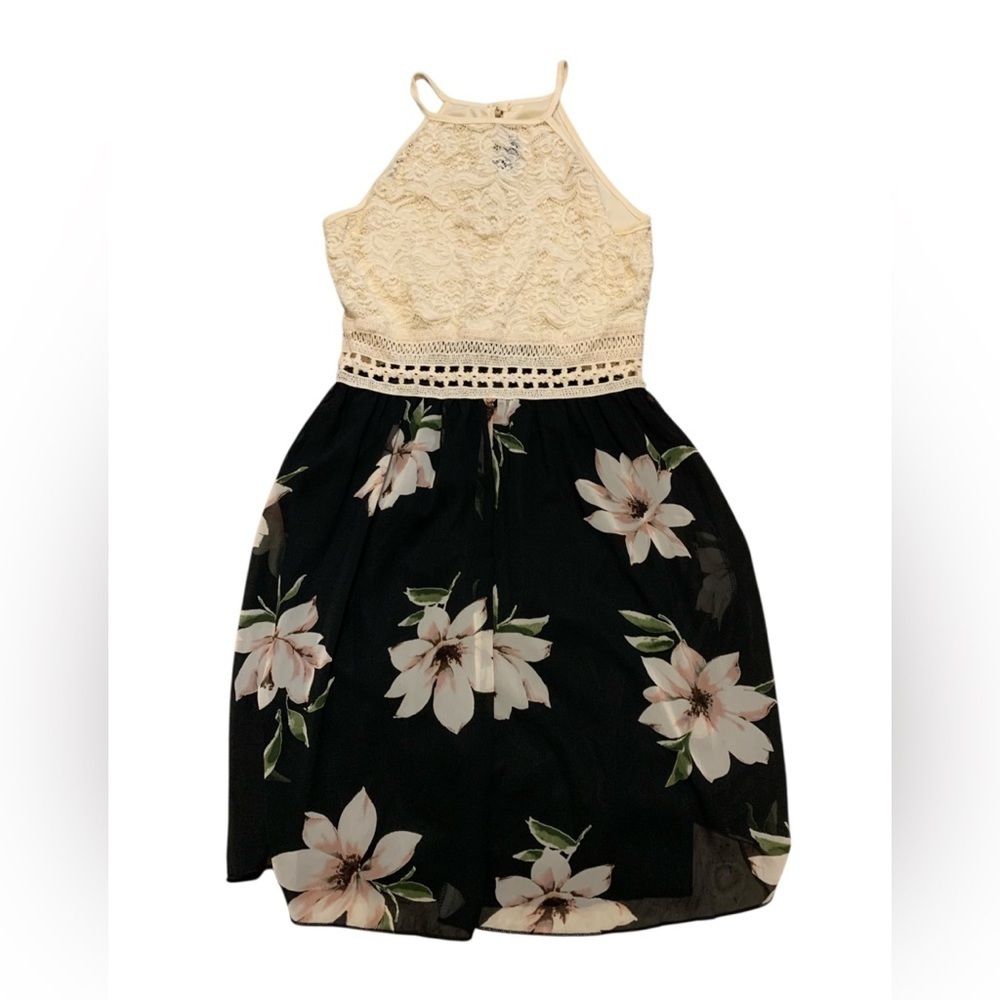 Eclipse Floral Lace Halter Dress Black Beige Crochet Waist M/M